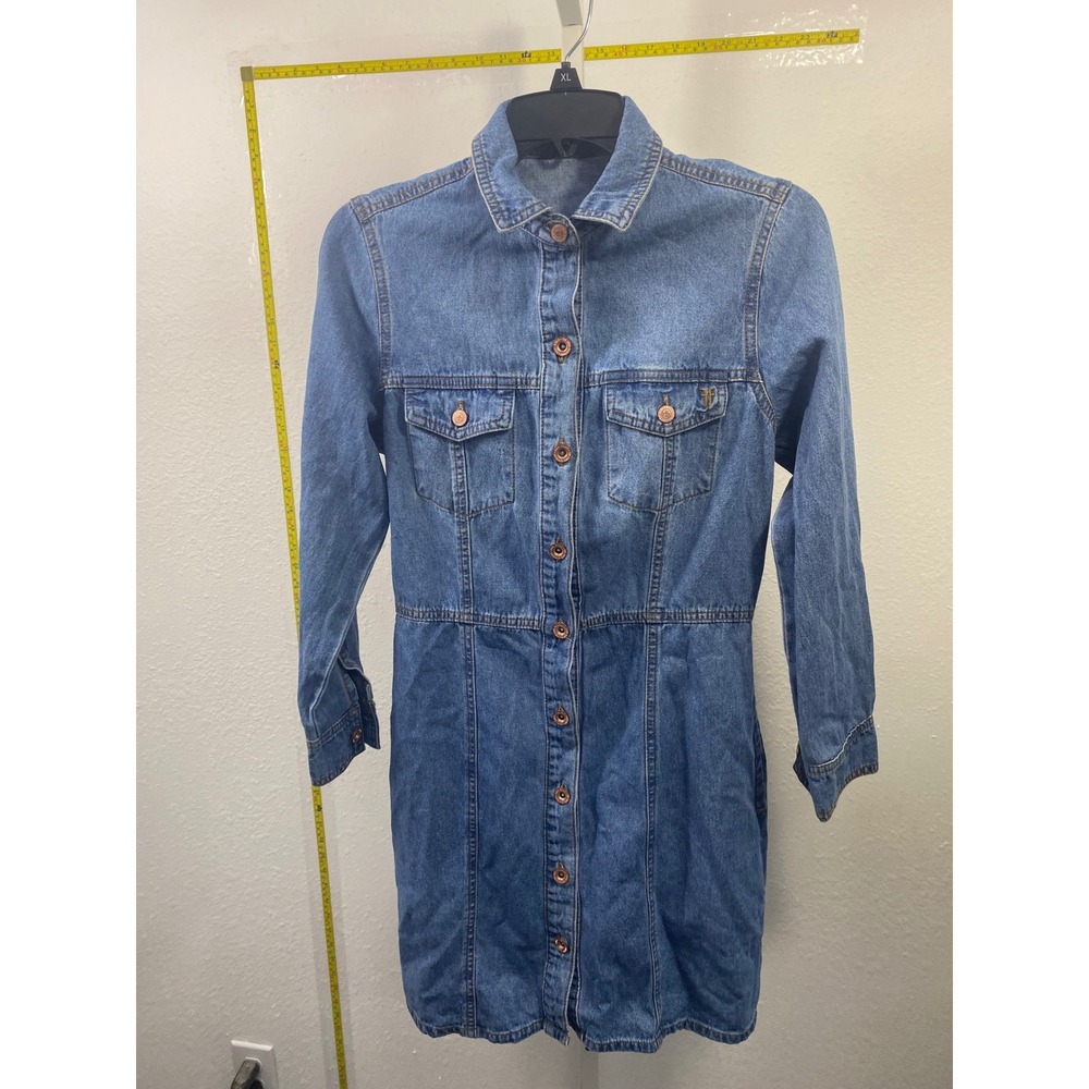 Frye Denim Mini Dress XS Medium Wash Blue Long Sleeve Button Front Western Shirt